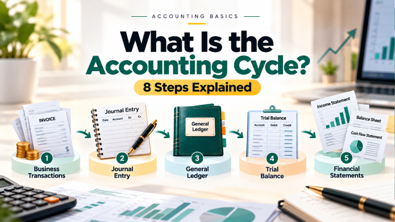 Accounting cycle showing the steps from business transactions