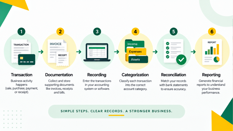 Bookkeeping process from recording transactions to financial reporting