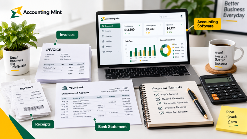 Small business bookkeeping records including invoices receipts and bank statements